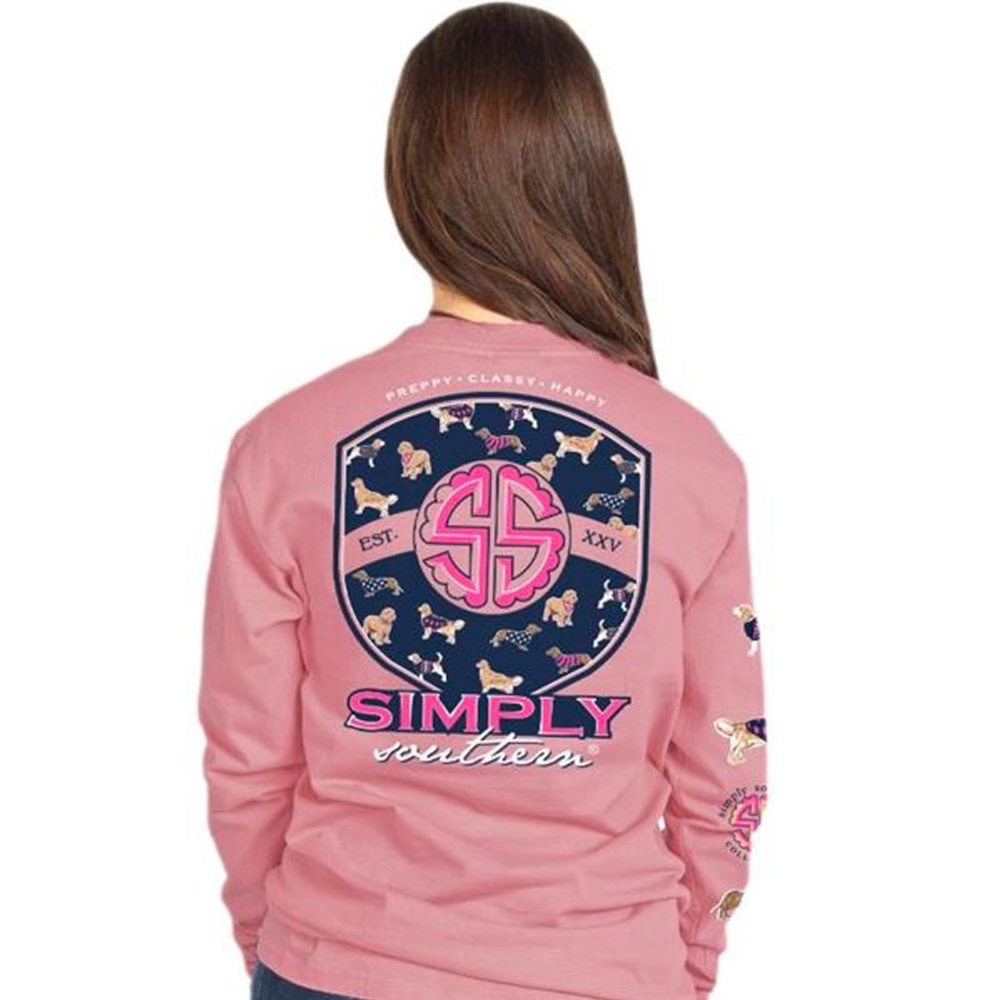 Simply Southern Pink Long Sleeve Tee with Dogs All over & SS Logo NEW - Picture 5 of 9